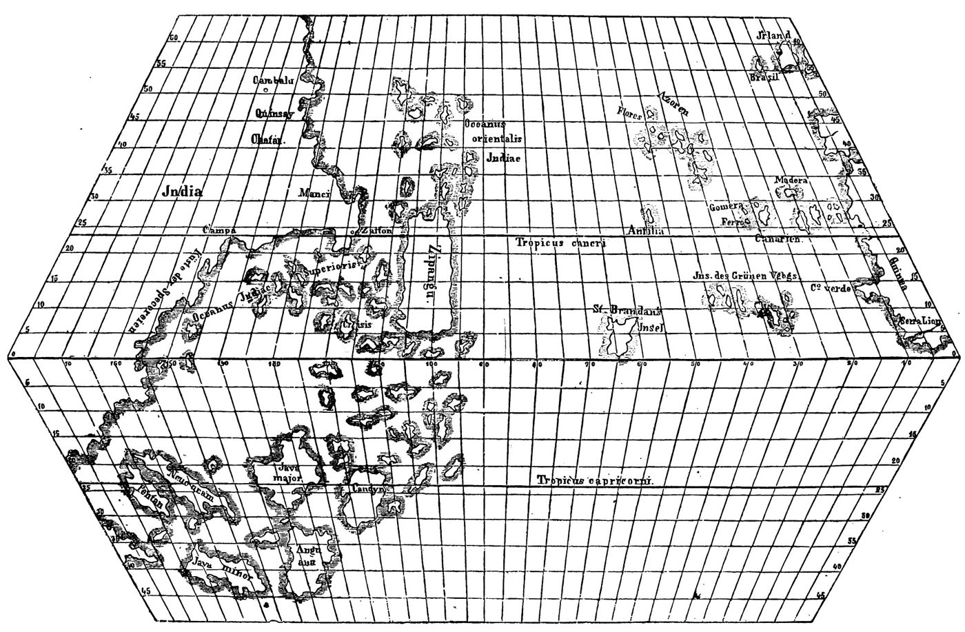 Old map of the Atlantic Ocean with Europe and Africa on the right and Asia on the left