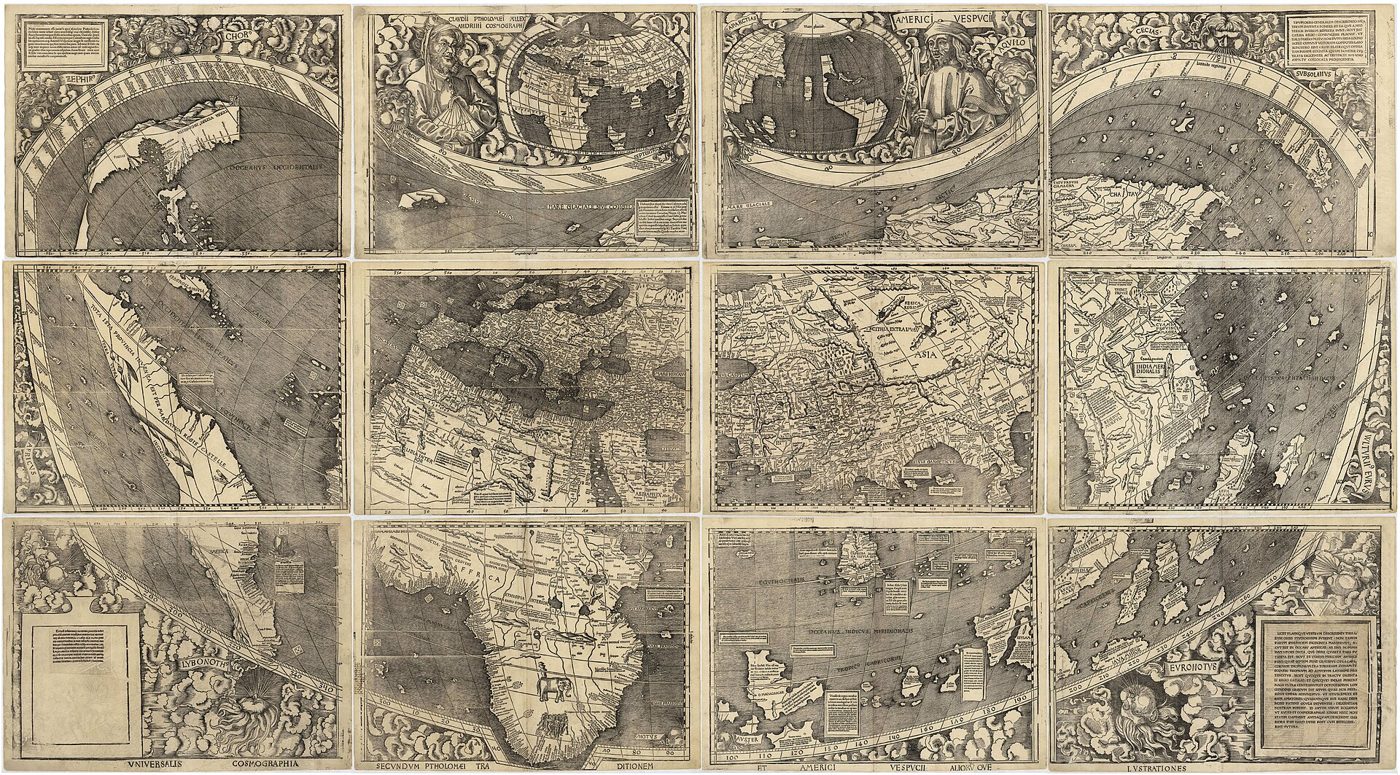 Wide early printed world map in twelve sections