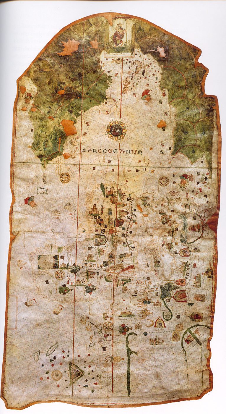 Hand-drawn world chart on parchment showing coastlines and compass lines