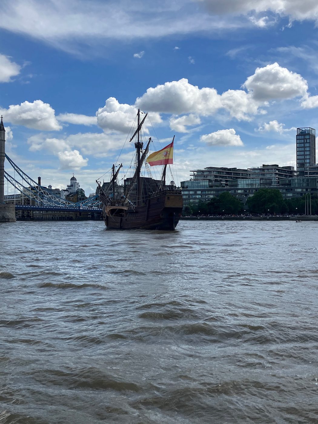 A modern replica of a wooden sailing ship with square sails