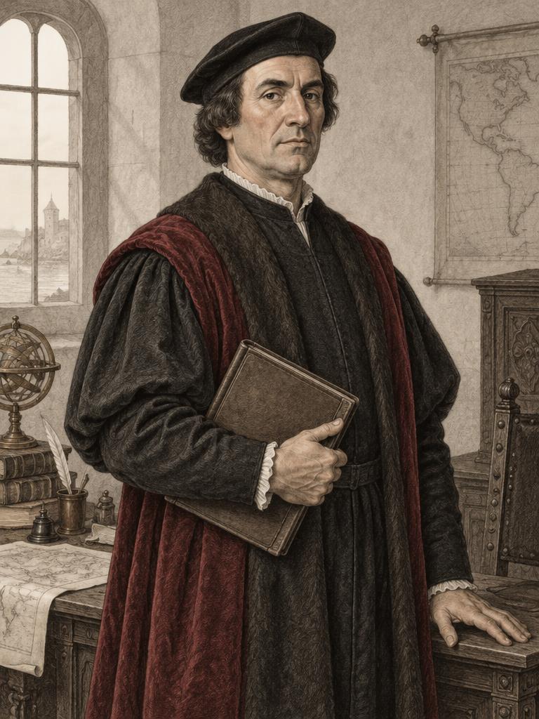 Imagined illustration of Francisco de Bobadilla holding a folio